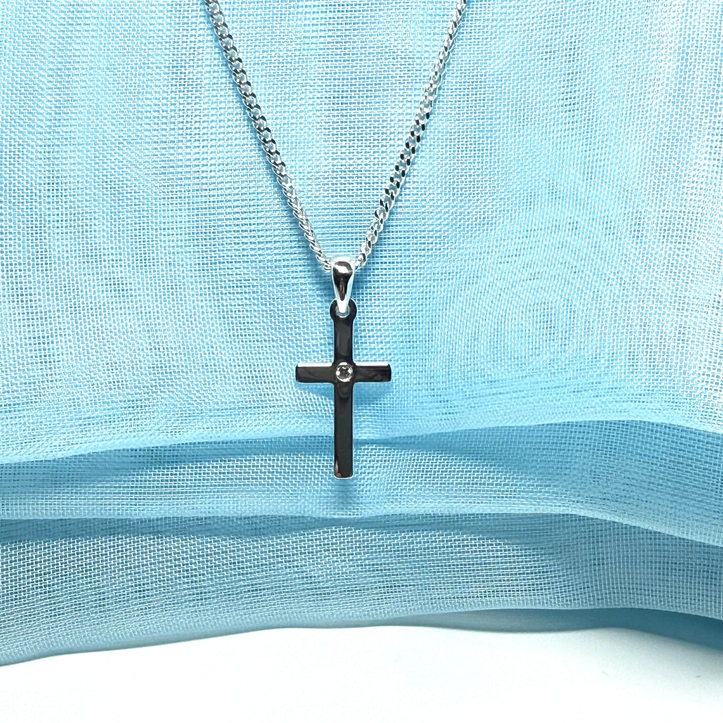 Diamond set cross solid sterling silver polished necklace