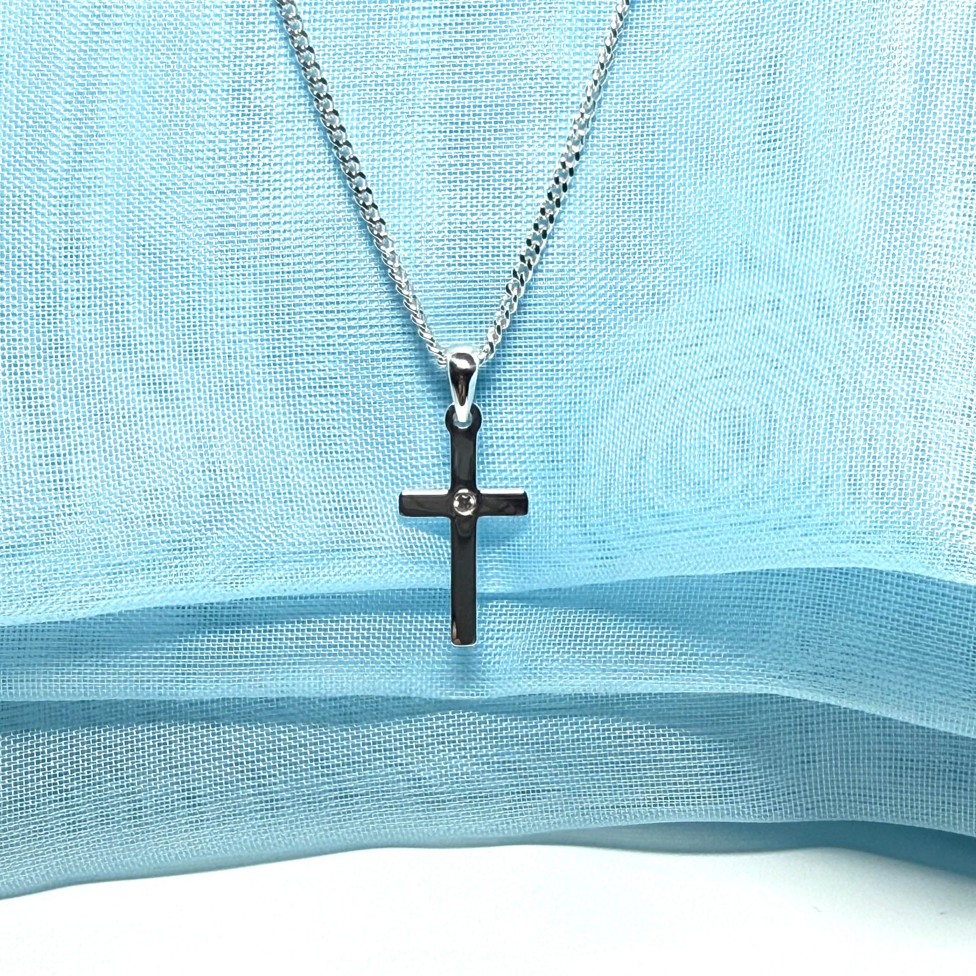 Diamond set cross solid sterling silver polished necklace