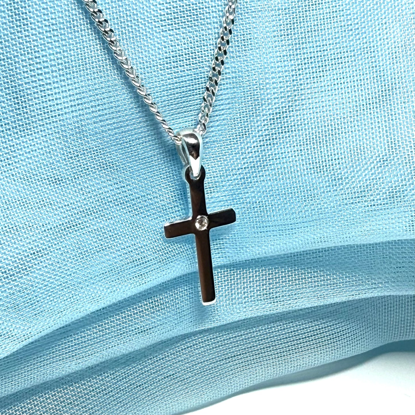 Diamond set cross solid sterling silver polished necklace