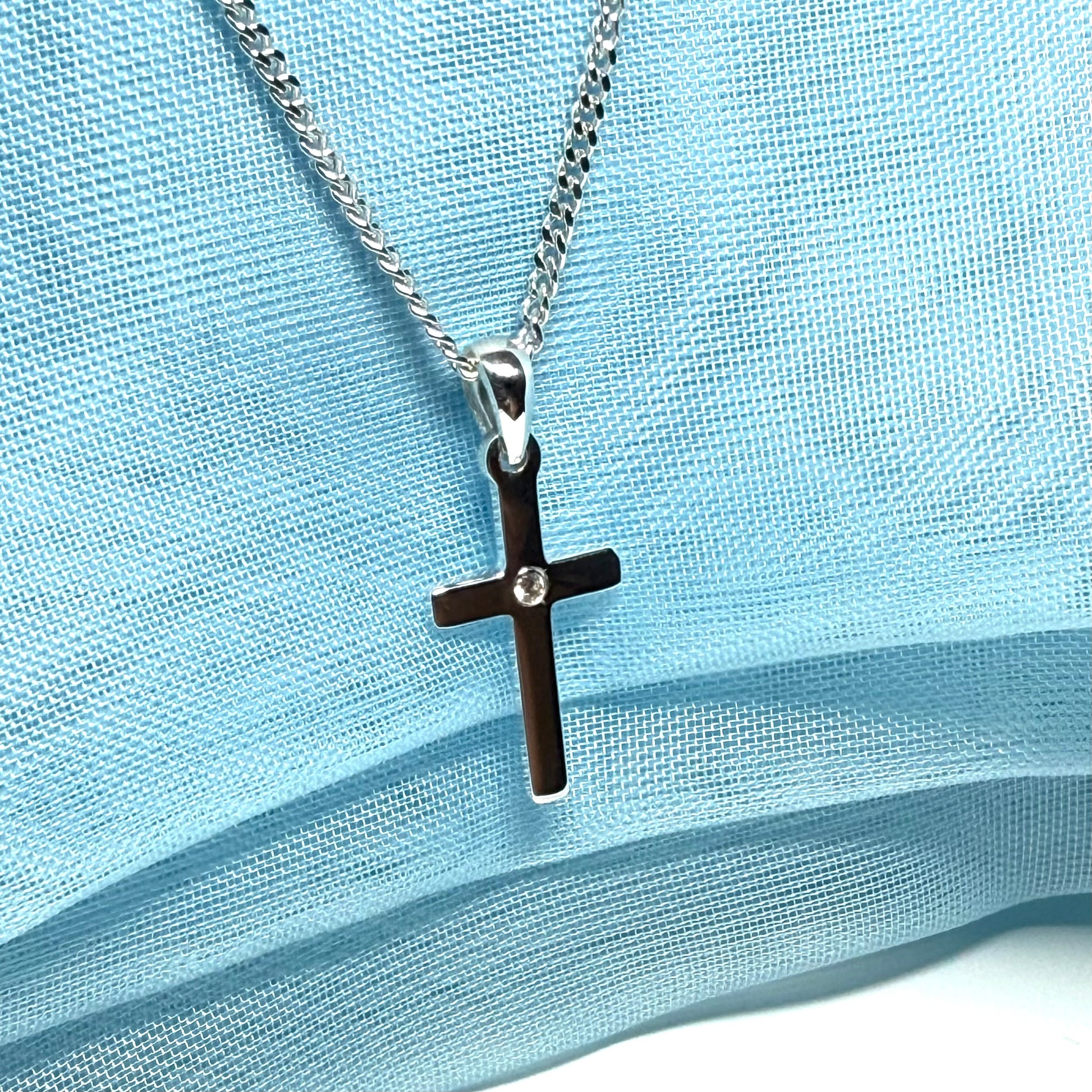Diamond set cross solid sterling silver polished necklace