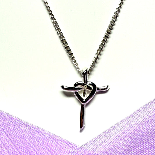 Diamond set fancy heart cross sterling silver polished necklace