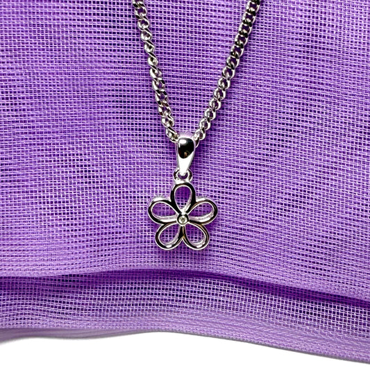 Diamond set necklace sterling silver open daisy shaped pendant