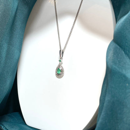 Emerald And Diamond White Gold Teardrop Cluster Necklace