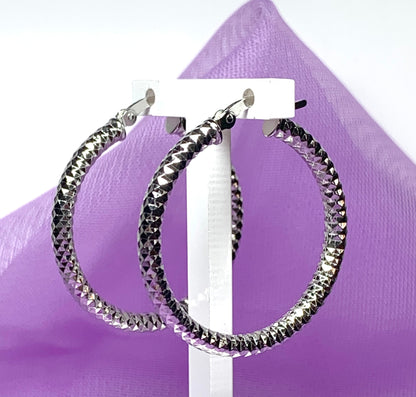 Diamond cut fancy faceted ribbed patterned sterling silver round hoop earrings 30 mm