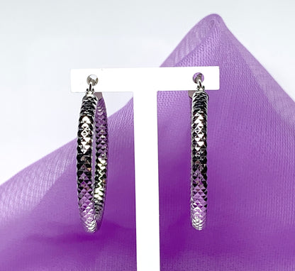 Diamond cut fancy faceted ribbed patterned sterling silver round hoop earrings 30 mm