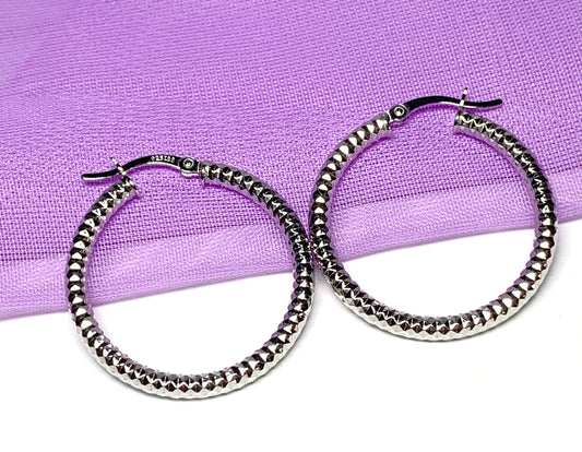 Diamond cut fancy faceted ribbed patterned sterling silver round hoop earrings