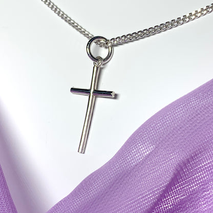 Small solid diamond cut reversible cross patterned sterling silver and chain