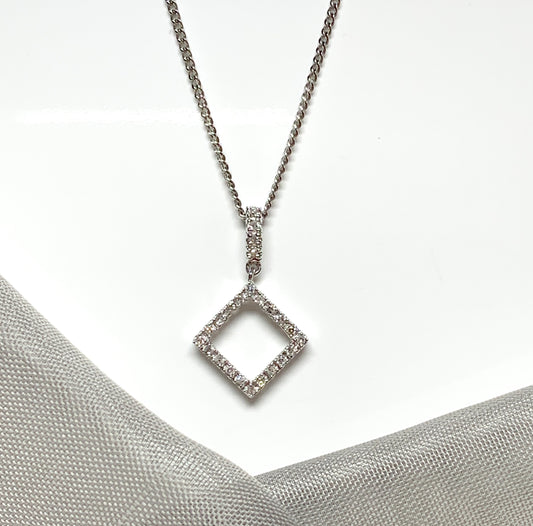 Diamond necklace white gold square shaped open fancy pendant