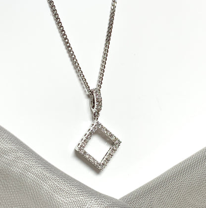 Diamond necklace white gold square shaped open fancy pendant