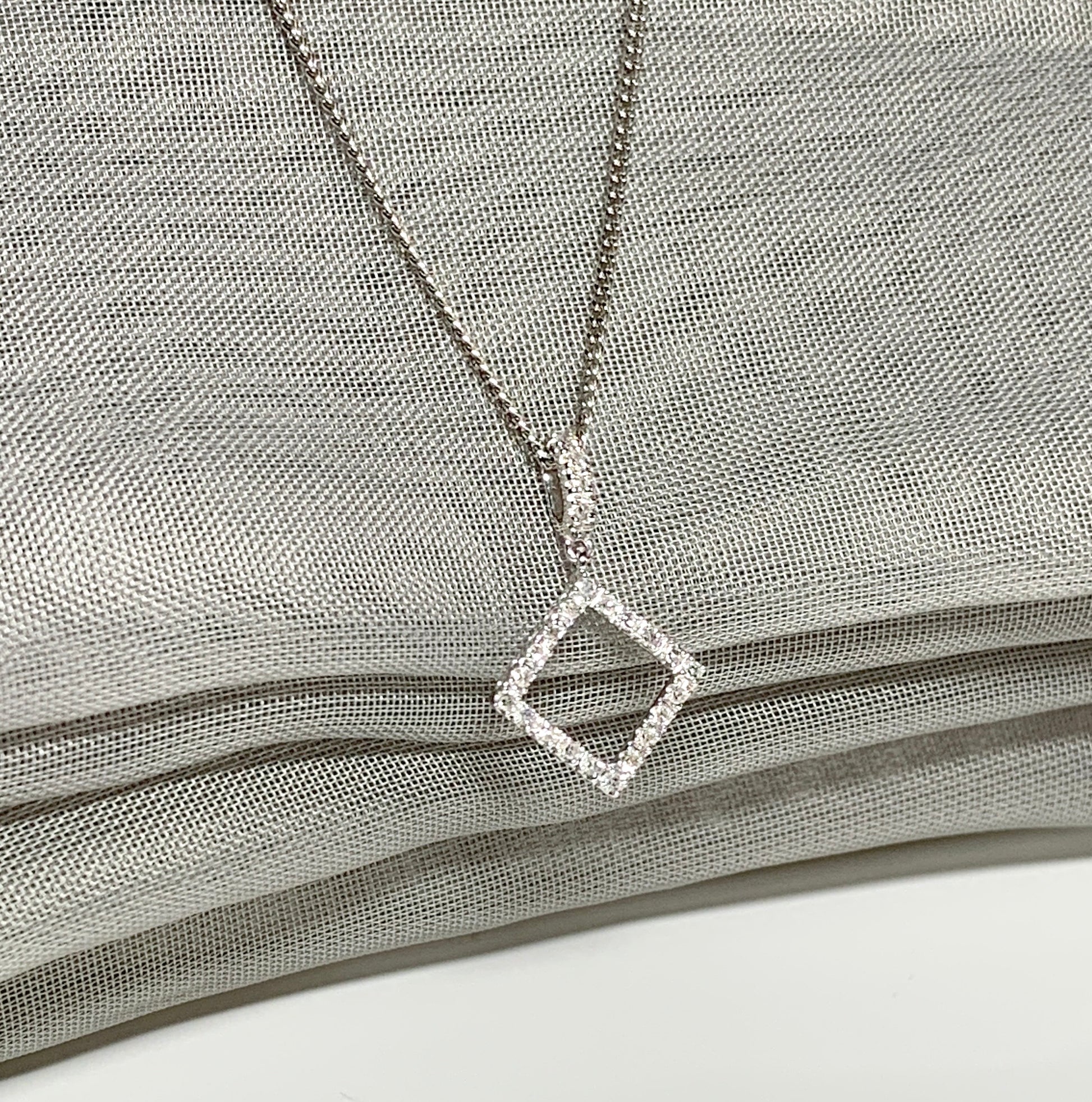 Diamond necklace white gold square shaped open fancy pendant