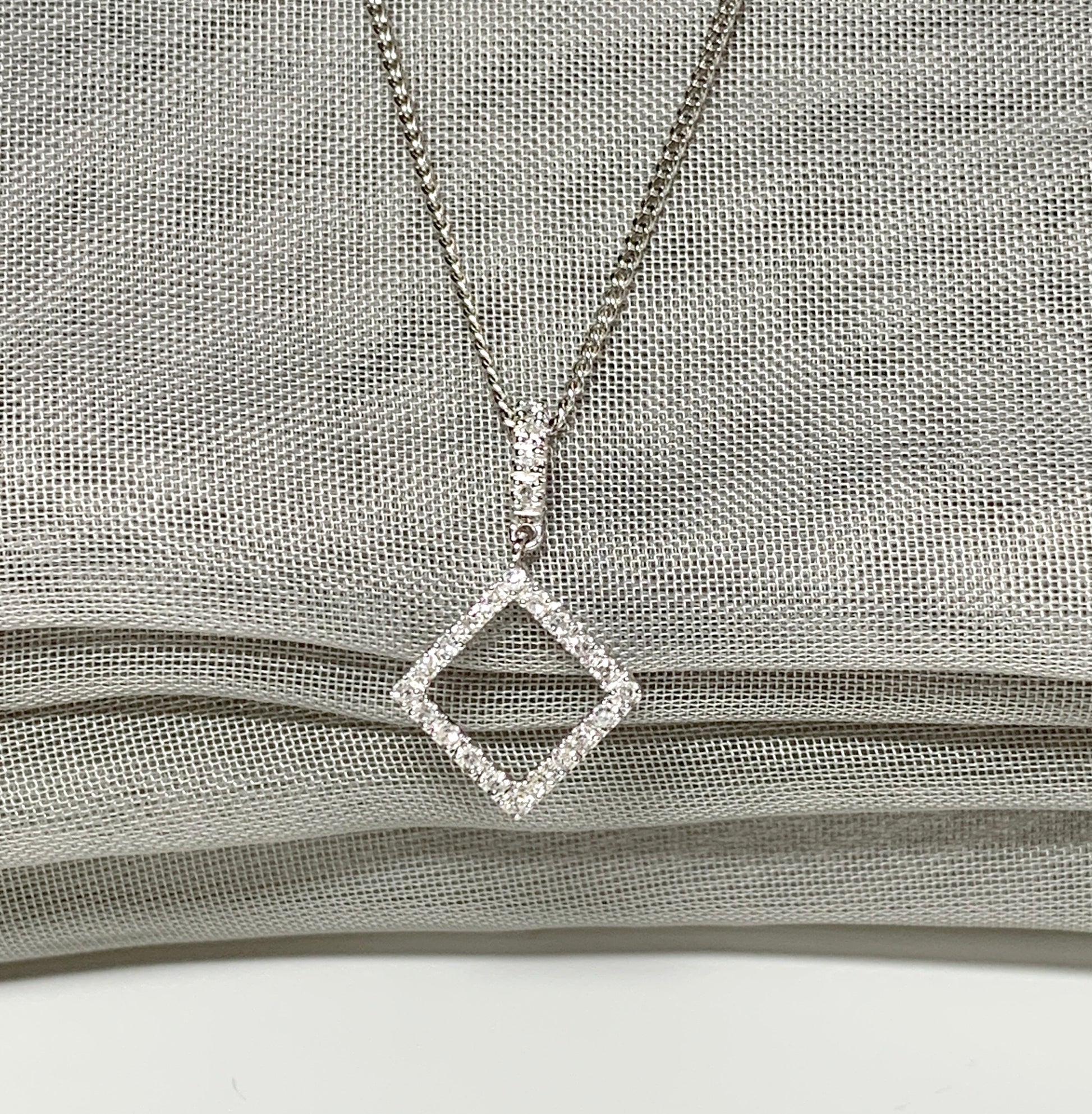 Diamond necklace white gold square shaped open fancy pendant