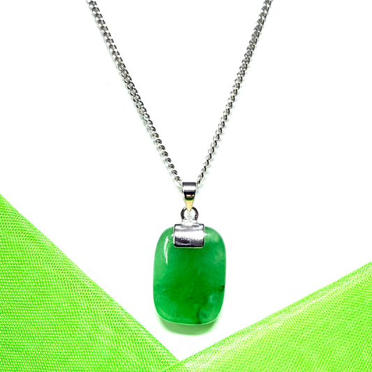 Distinctive necklace pendant having a real green jade sterling silver cushion shaped