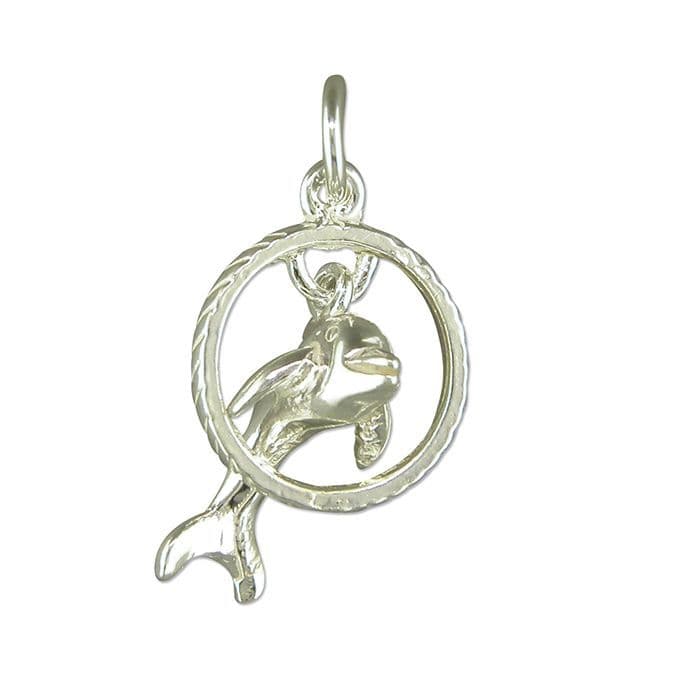 Dolphin Performing Though Hoop Sterling Silver Necklace Pendant