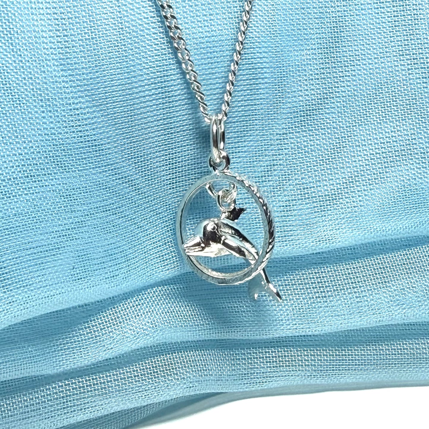 Dolphin Performing Though Hoop Sterling Silver Necklace Circle Pendant