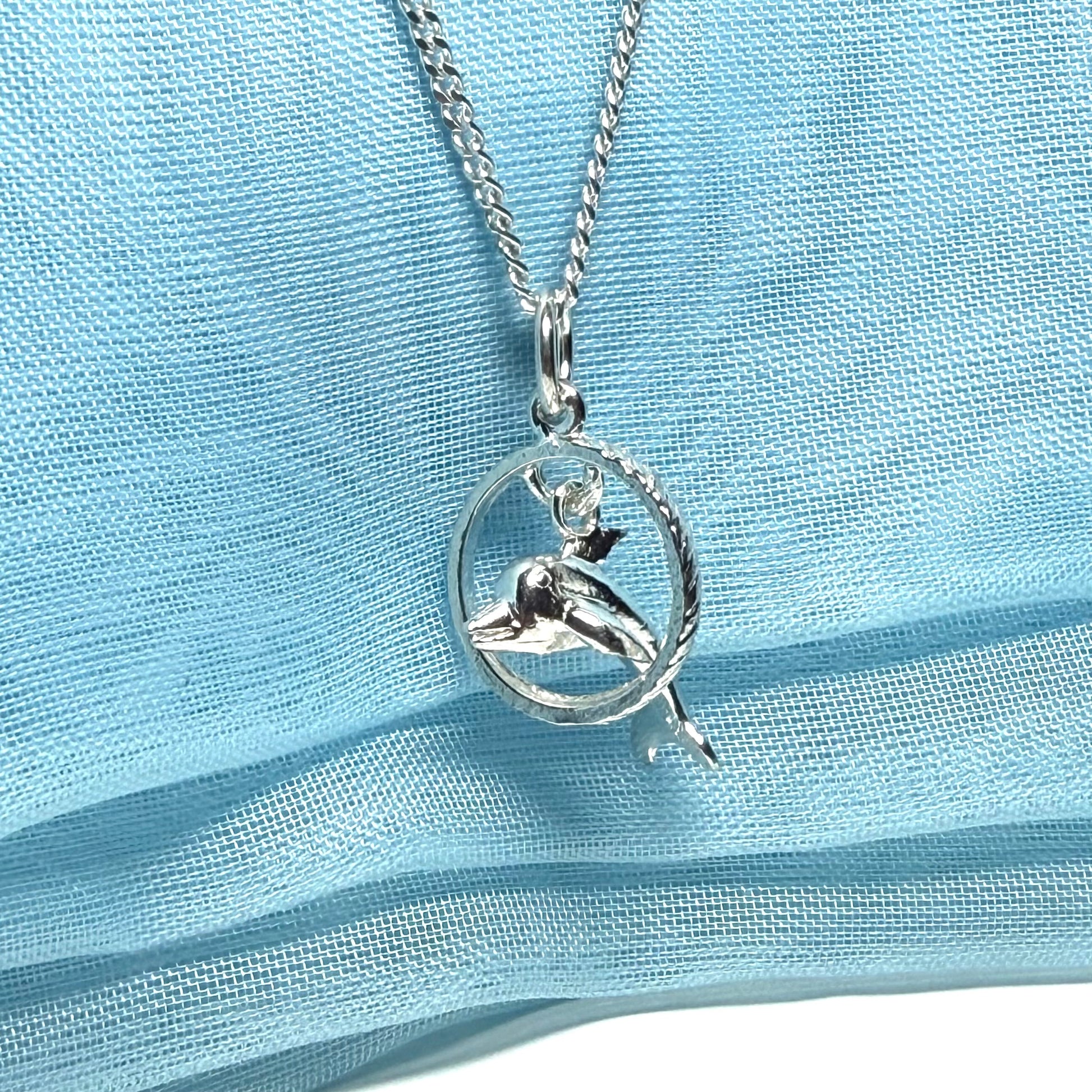 Dolphin Performing Though Hoop Sterling Silver Necklace Circle Pendant