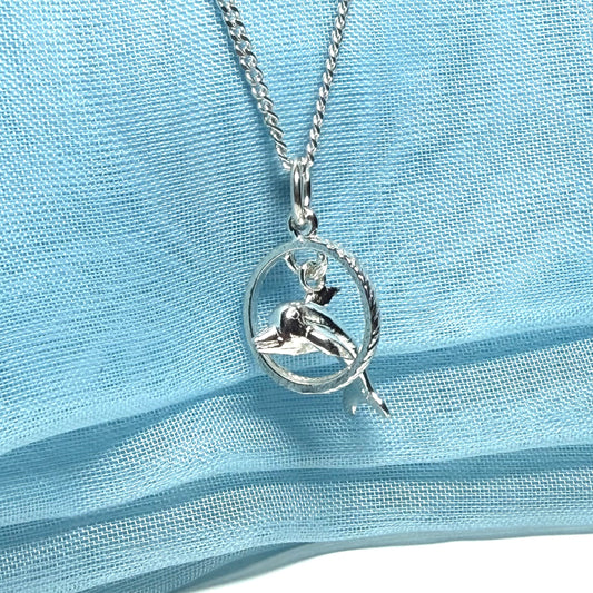 Dolphin Performing Though Hoop Sterling Silver Necklace Circle Pendant