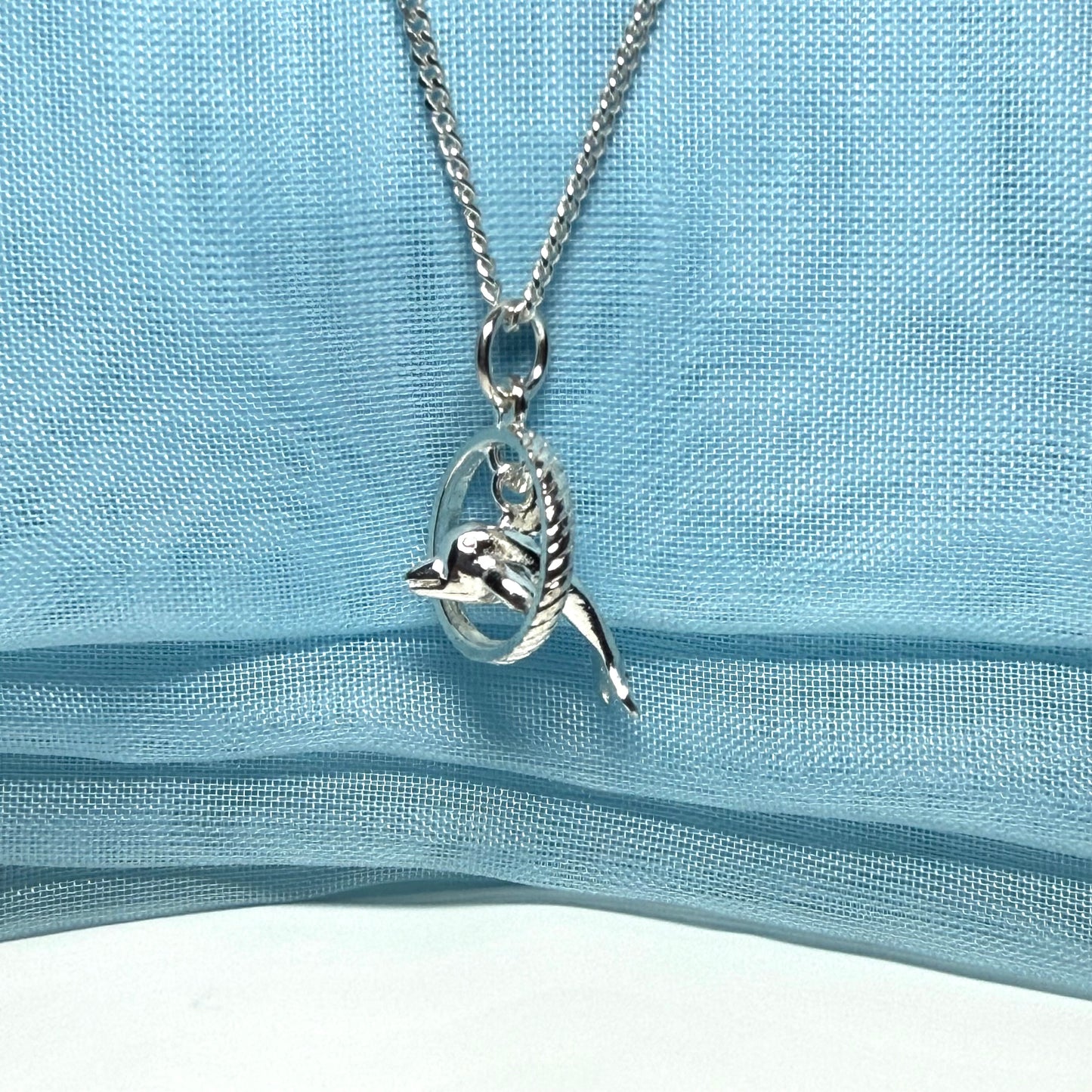 Dolphin Performing Though Hoop Sterling Silver Necklace Circle Pendant
