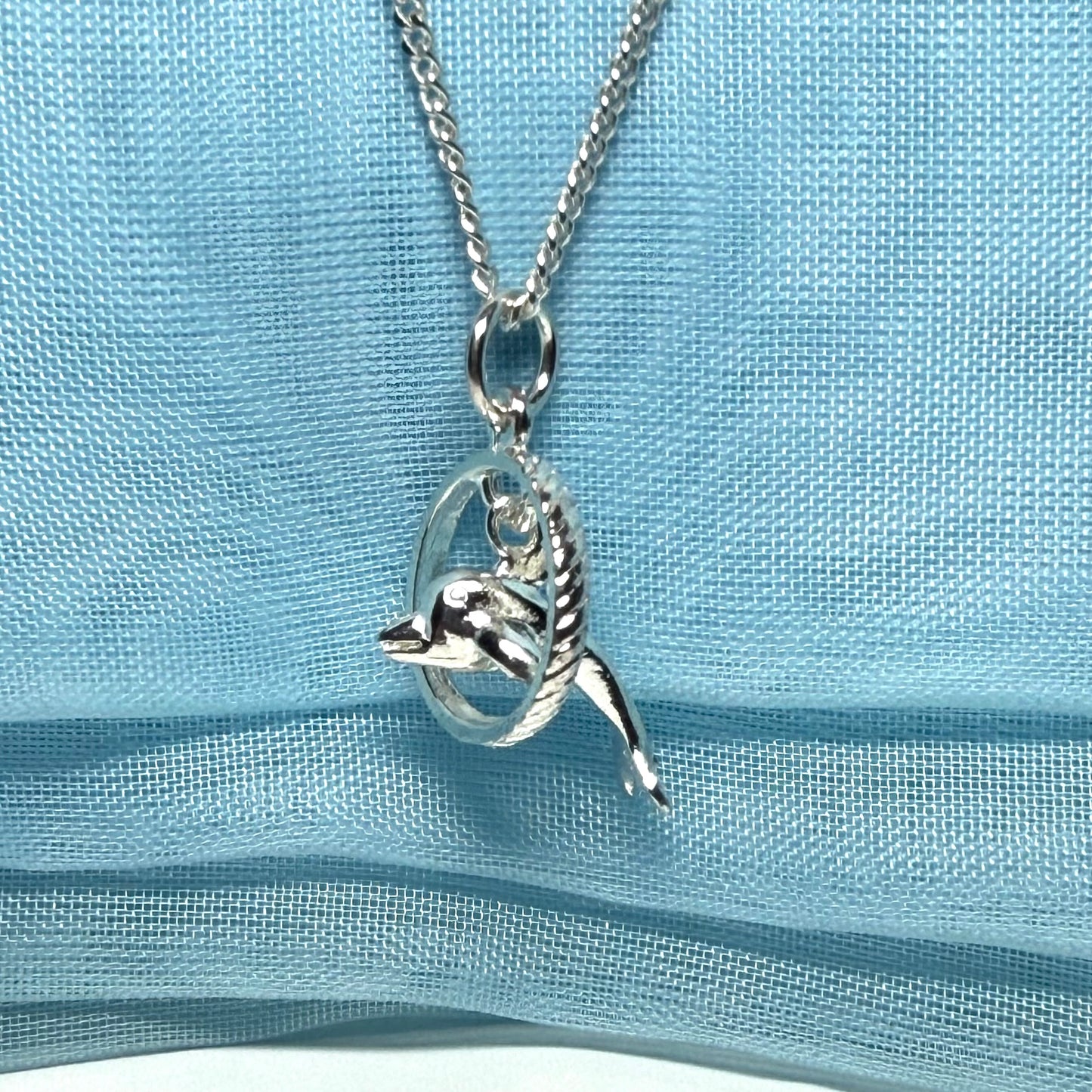 Dolphin Performing Though Hoop Sterling Silver Necklace Circle Pendant