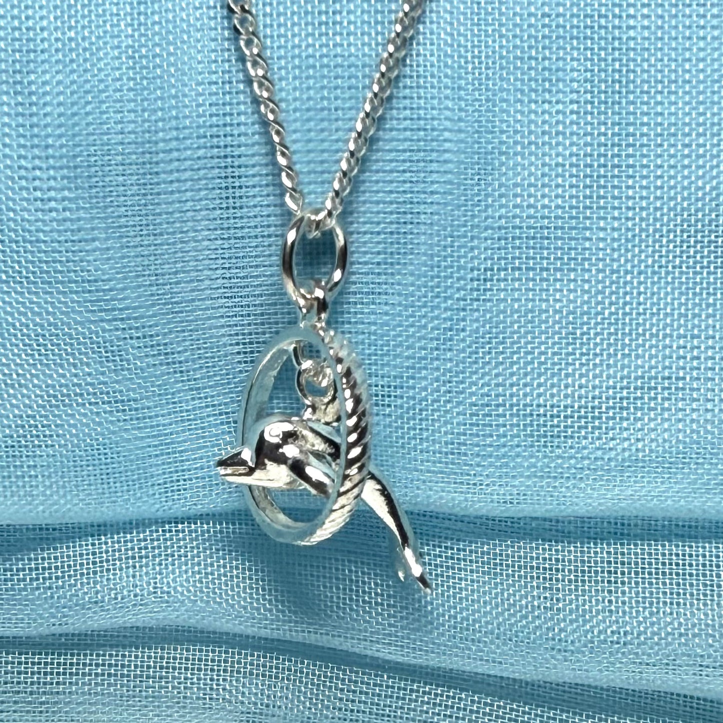 Dolphin Performing Though Hoop Sterling Silver Necklace Circle Pendant