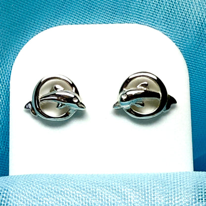 Dolphin stud earrings jumping through a circle sterling silver round