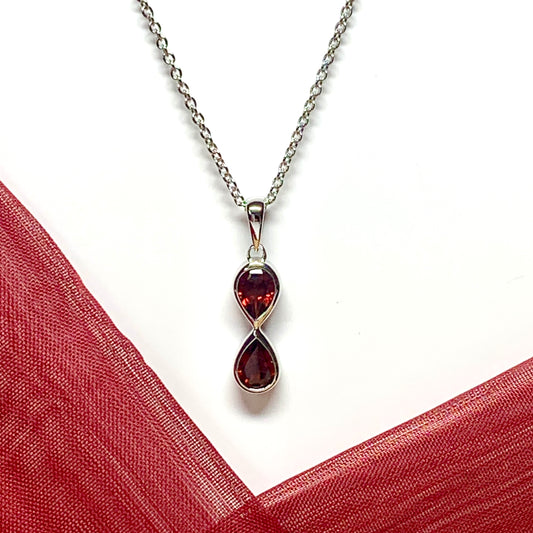 Double real pear cut red garnet stud dropped necklace sterling silver pendant