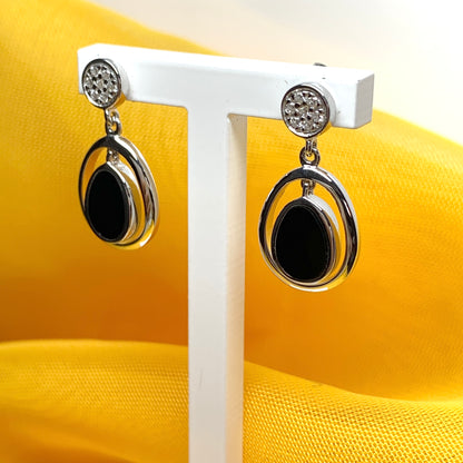 Double oval black onyx sterling silver drop earrings