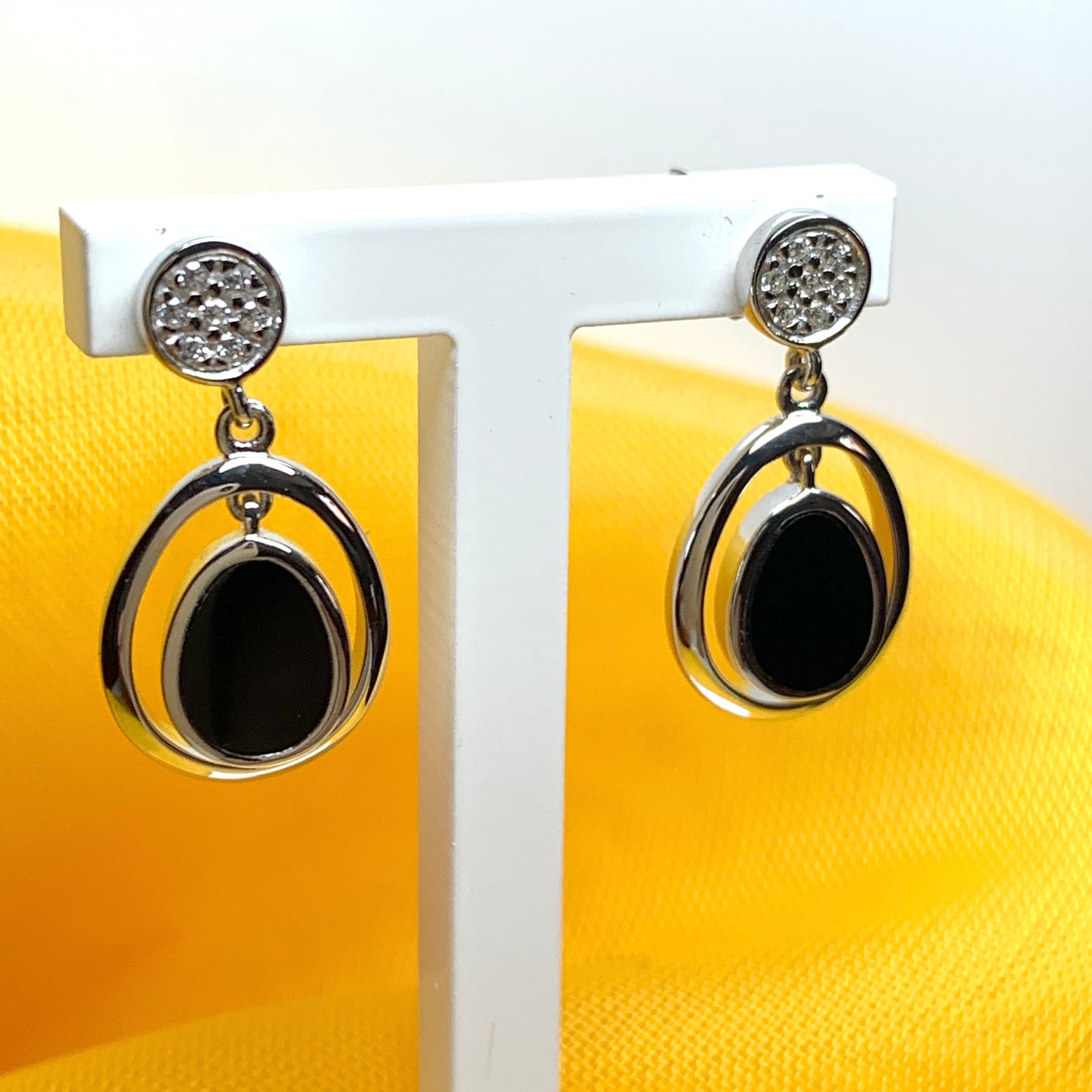 Double oval black onyx sterling silver drop earrings
