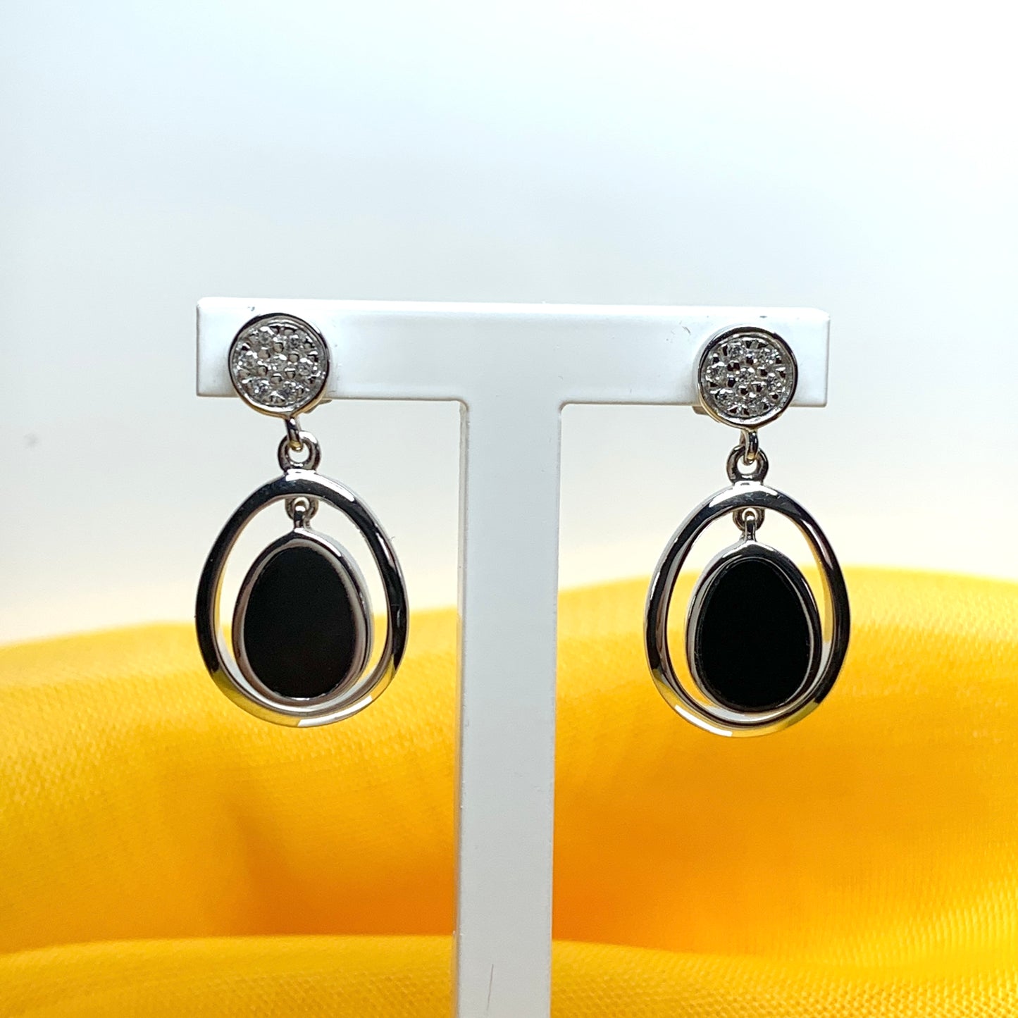 Double oval black onyx sterling silver drop earrings