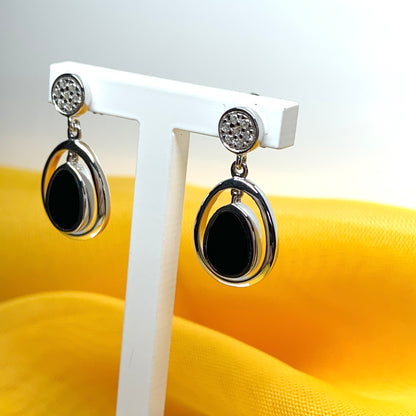 Double oval black onyx sterling silver drop earrings