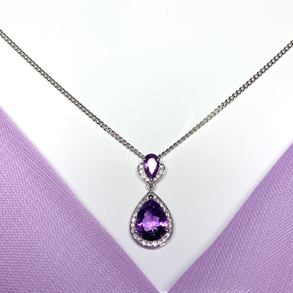 Double pear teardrop shaped purple amethyst and diamond white gold necklace pendant