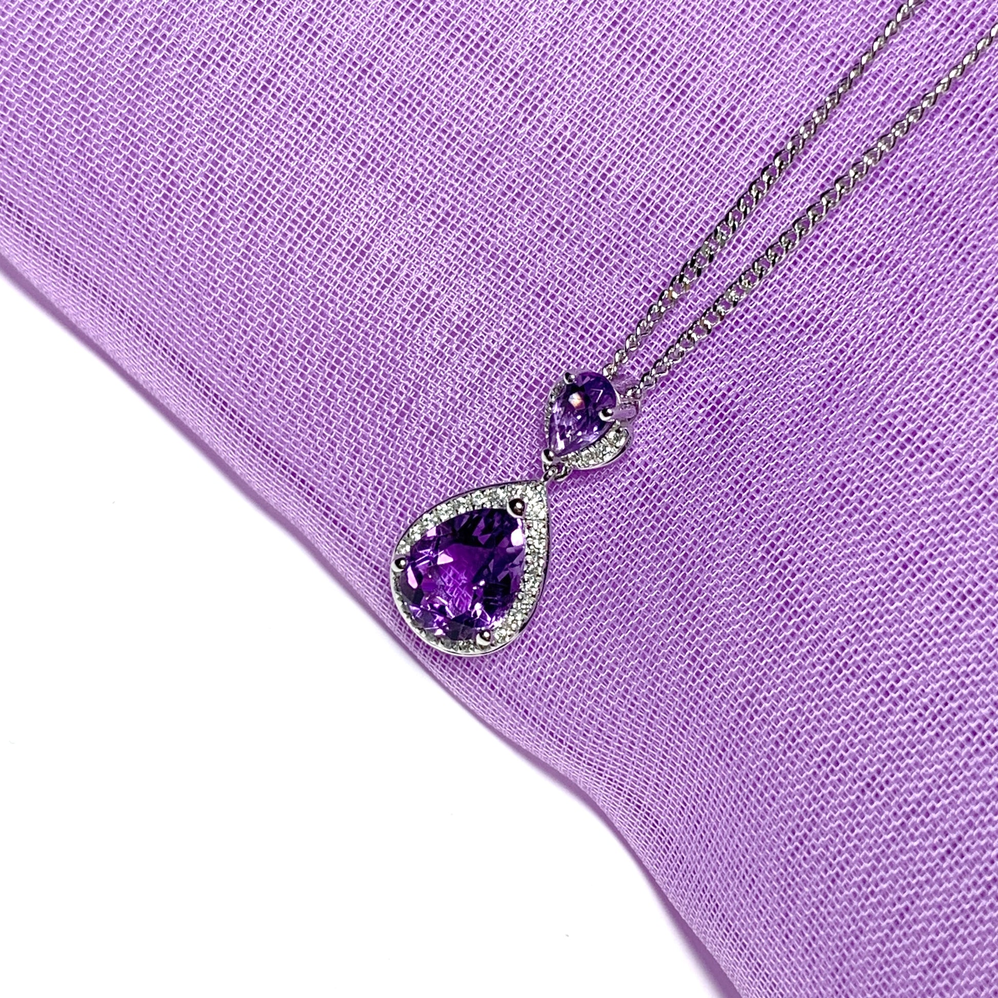 Double pear teardrop shaped purple amethyst and diamond white gold necklace pendant