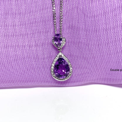 Double pear teardrop shaped purple amethyst and diamond white gold necklace pendant