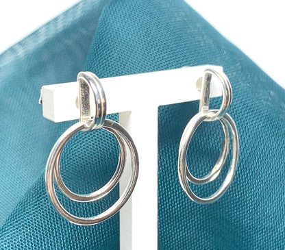 Double round shaped sterling silver drop earrings