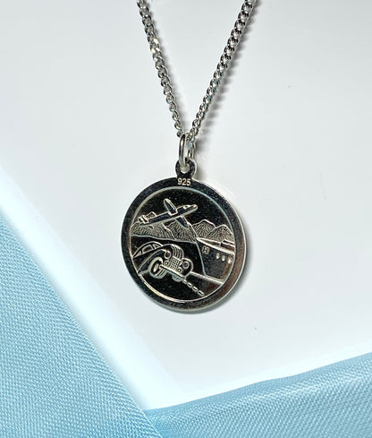 Double sided round solid St. Christopher necklace pendant including chain