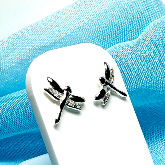 Dragonfly stud sparkling earrings sterling silver cubic zirconia