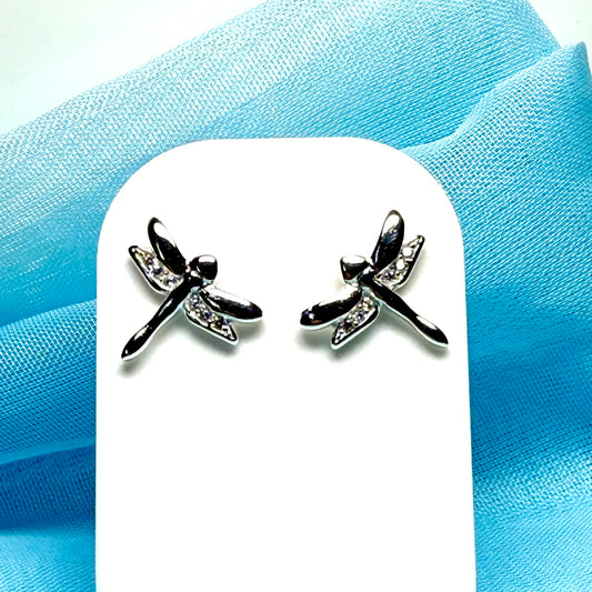 Dragonfly stud sparkling earrings sterling silver cubic zirconia