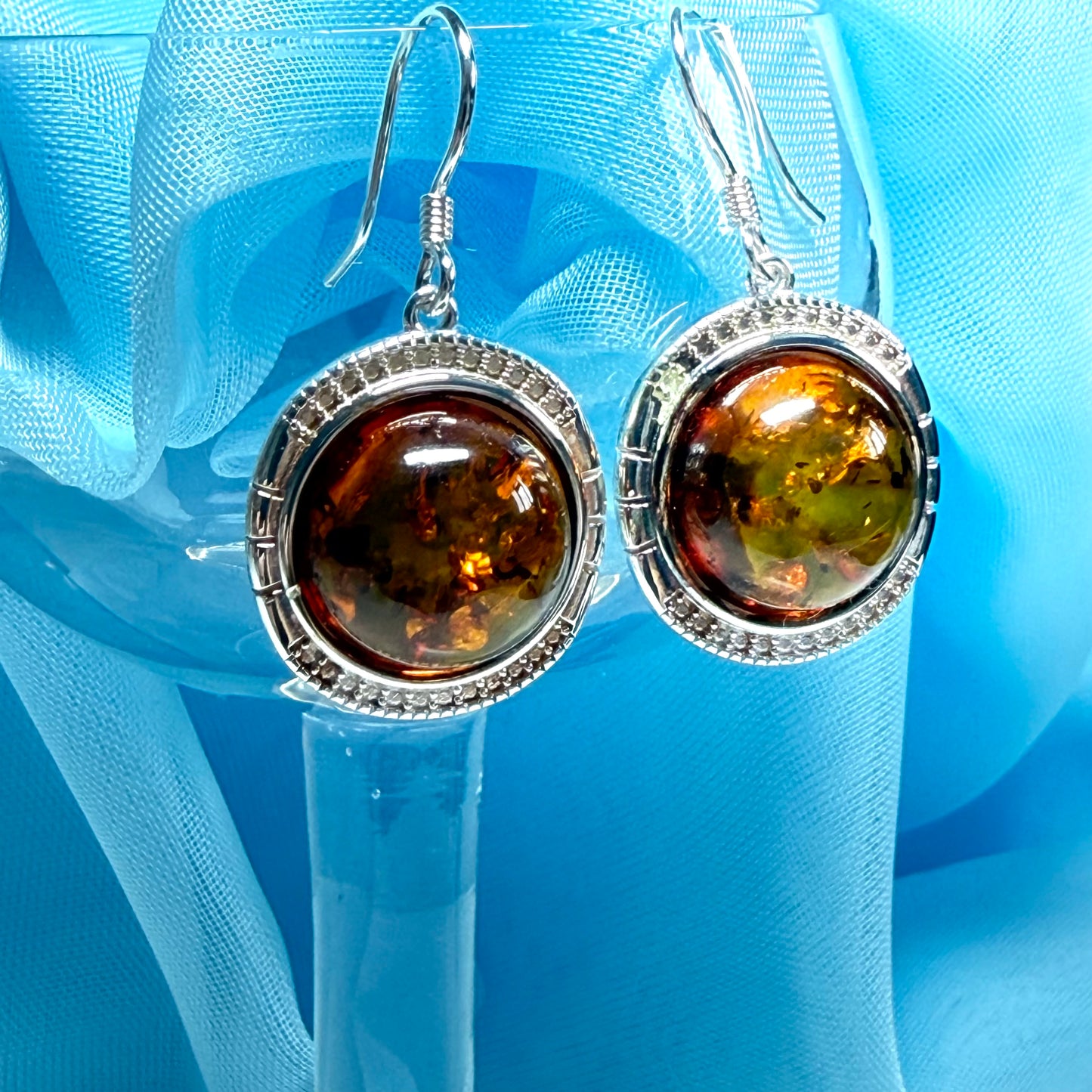 Drop earrings orange real amber round shaped sterling silver