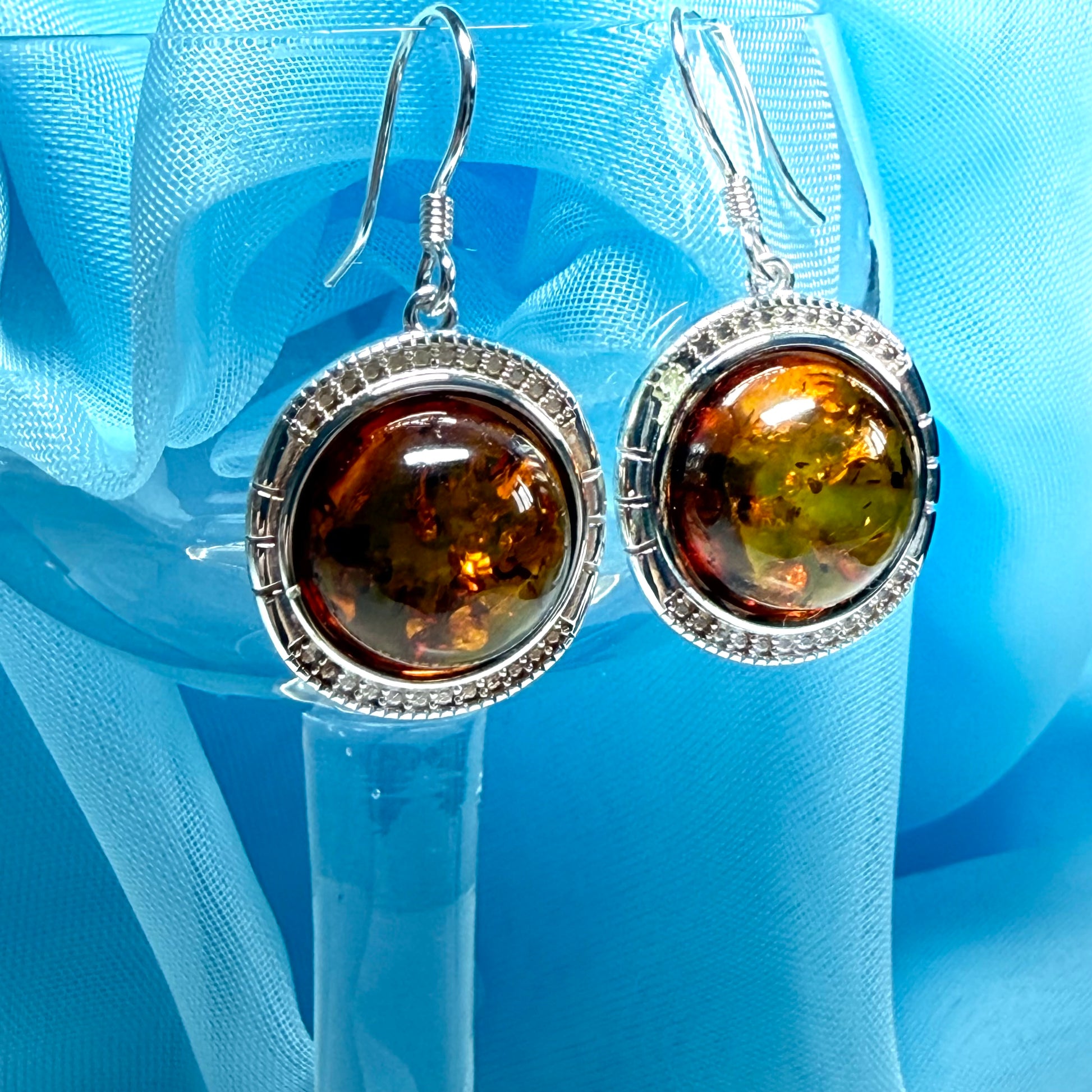 Drop earrings orange real amber round shaped sterling silver