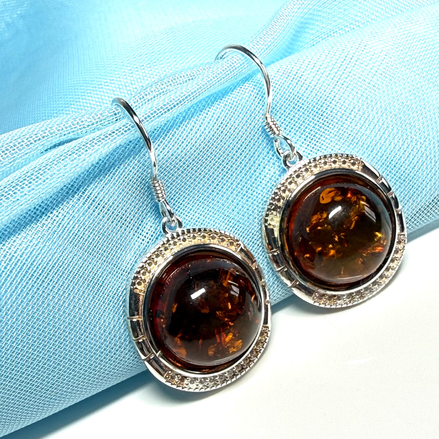 Drop earrings orange real amber round shaped sterling silver