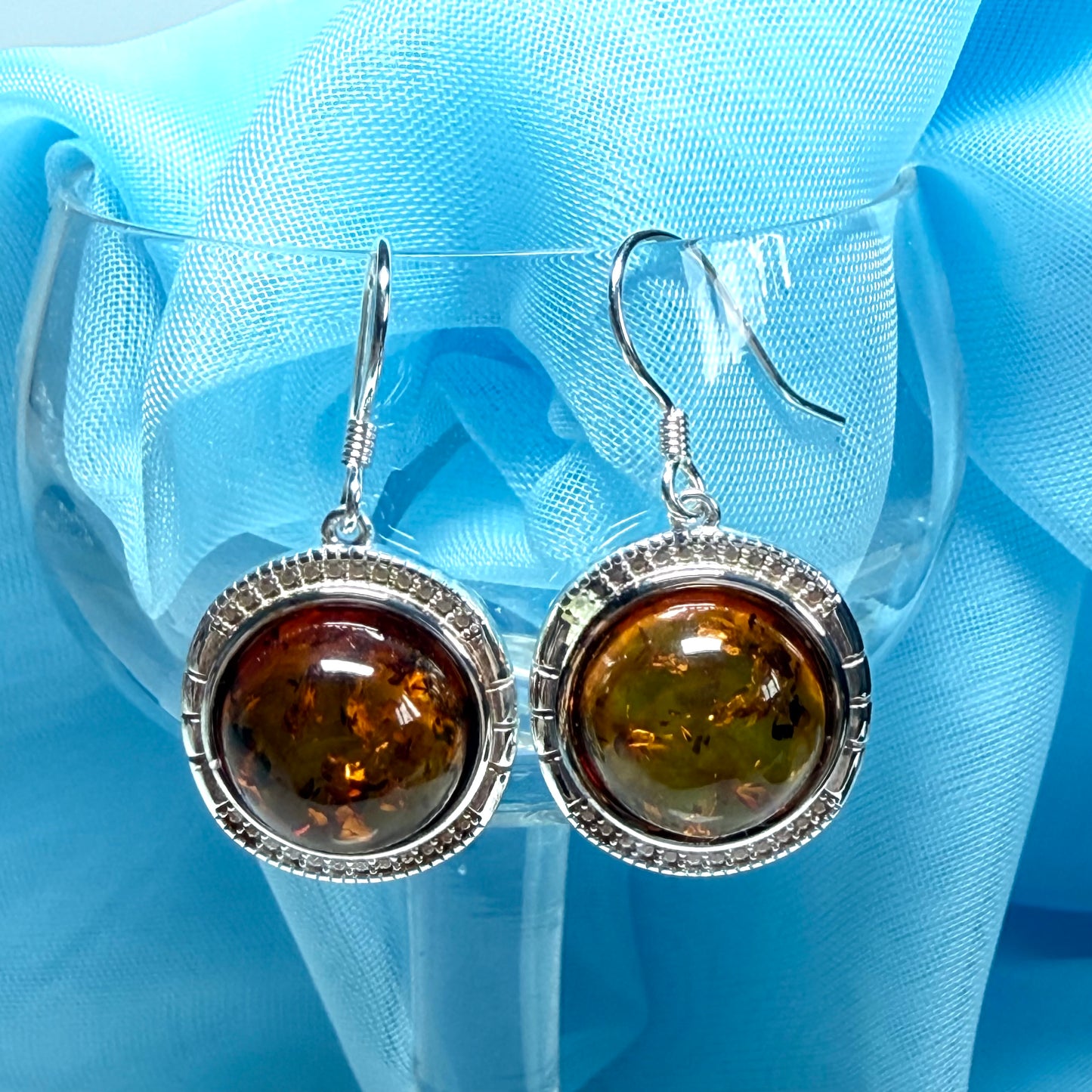 Drop earrings orange real amber round shaped sterling silver