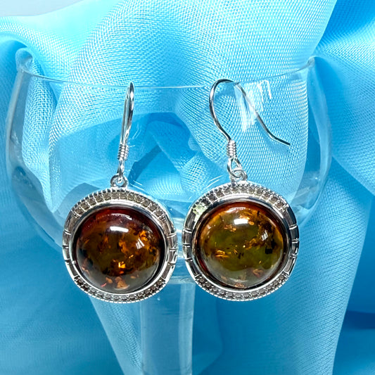 Drop earrings orange real amber round shaped sterling silver