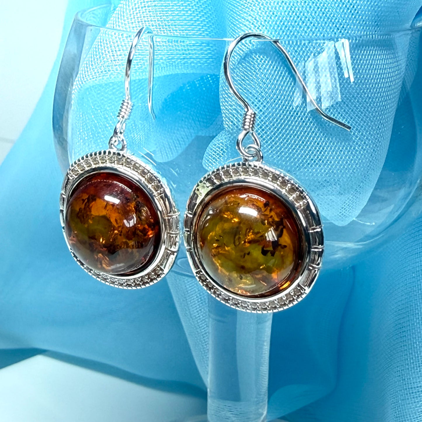 Drop earrings orange real amber round shaped sterling silver