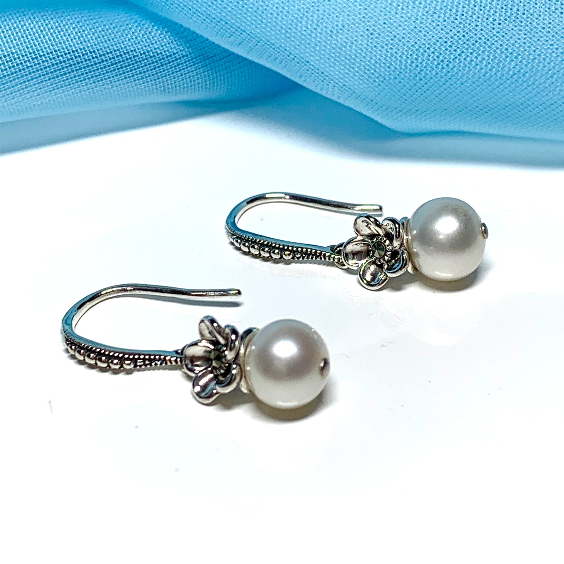 Drop earrings real freshwater cultured pearl flower petal with marcasite stone