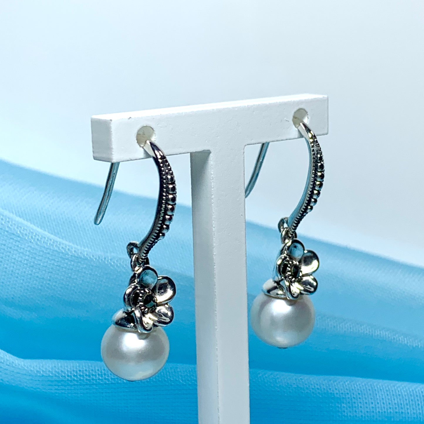 Drop earrings real freshwater cultured pearl flower petal with marcasite stone