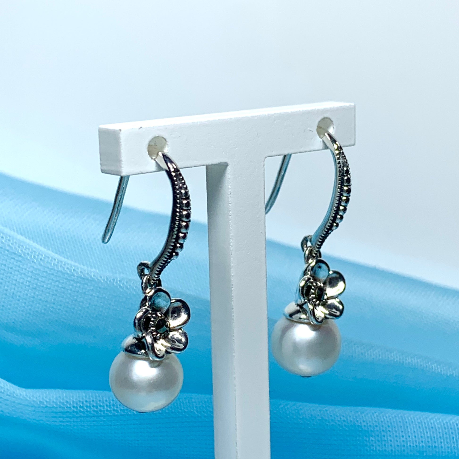 Drop earrings real freshwater cultured pearl flower petal with marcasite stone