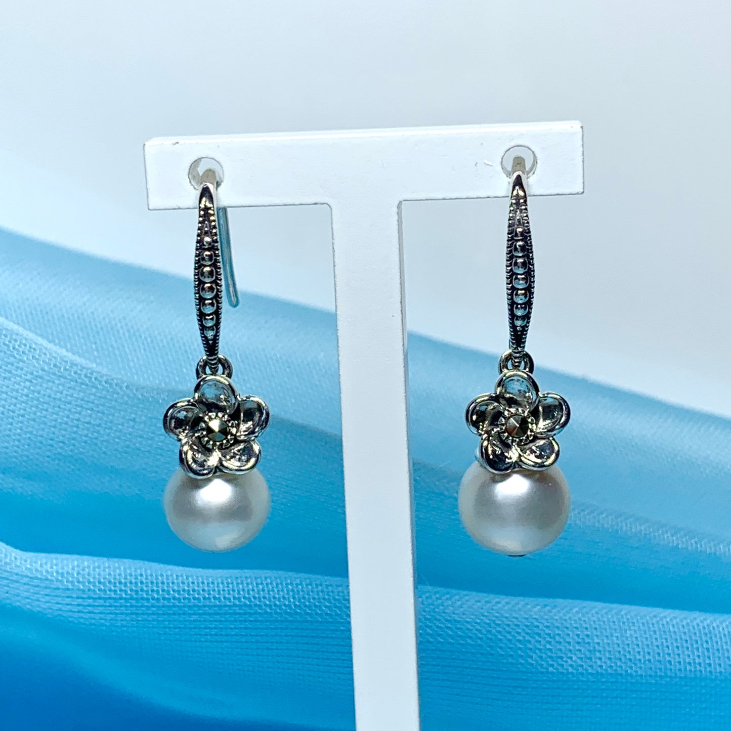 Drop earrings real freshwater cultured pearl flower petal with marcasite stone