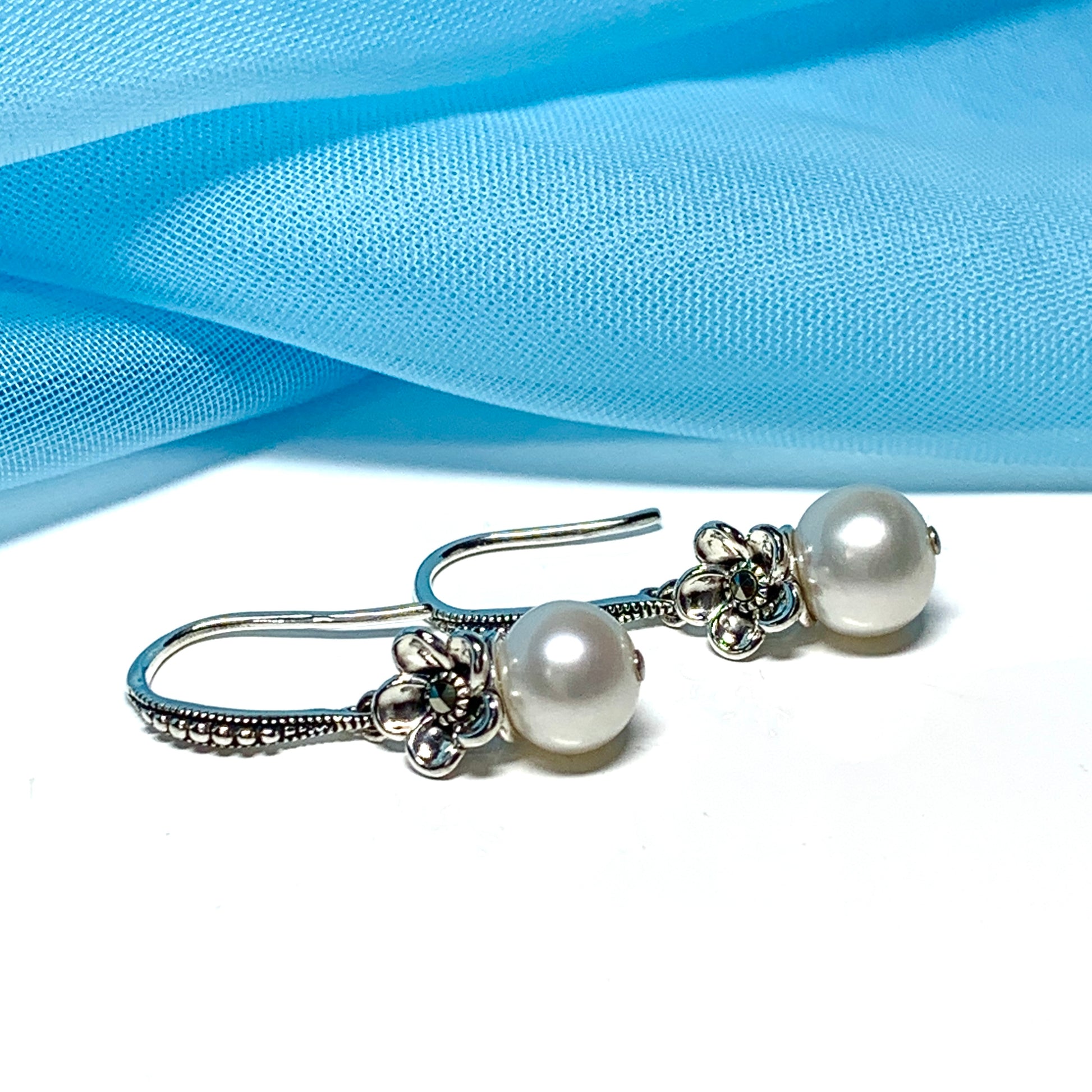 Drop earrings real freshwater cultured pearl flower petal with marcasite stone