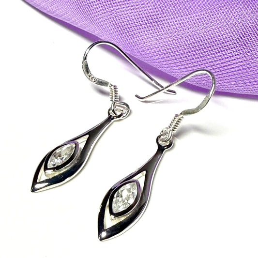 Drop earrings sterling silver marquise shaped sparkling polished cubic zirconia