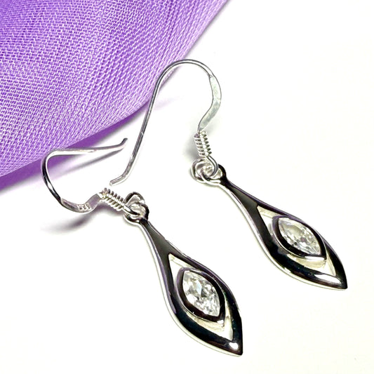 Drop earrings sterling silver marquise shaped sparkling polished cubic zirconia