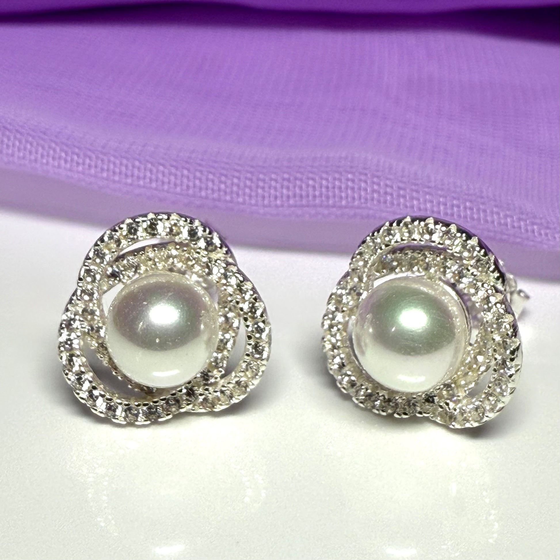 Earrings real freshwater pearl and cubic zirconia trefoil designed sterling silver
